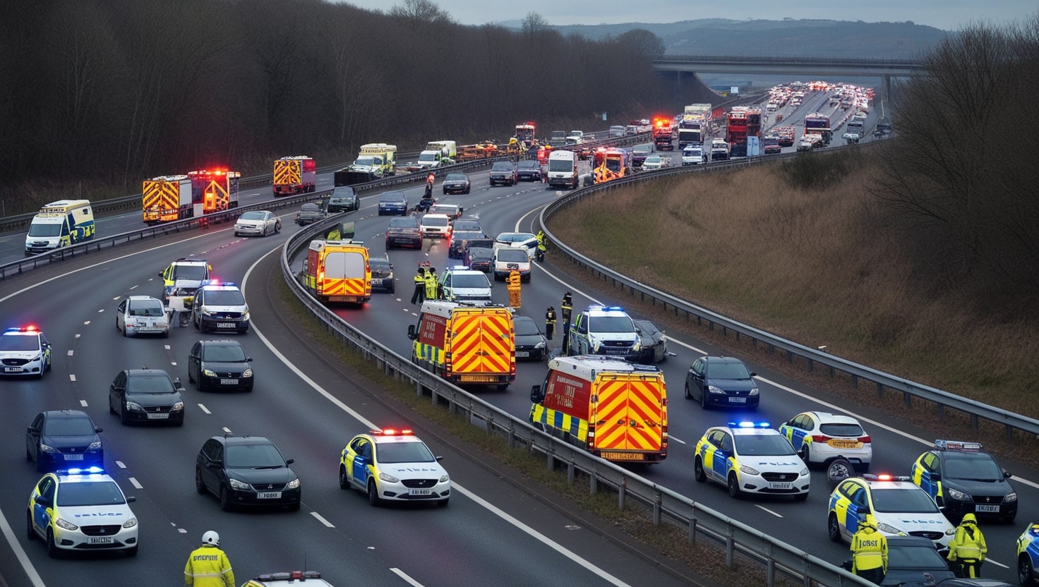 Police vehicles, ambulances, and fire trucks at the scene of a multi-vehicle accident on the closed M62 motorway near Huddersfield, with traffic backed up and emergency workers attending to the incident.