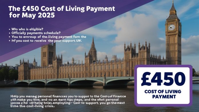 £450 Cost of Living Payment May 2025 Guide UK Informational graphic showing details of the £450 Cost of Living Payment in May 2025, including eligibility and payment dates in the UK