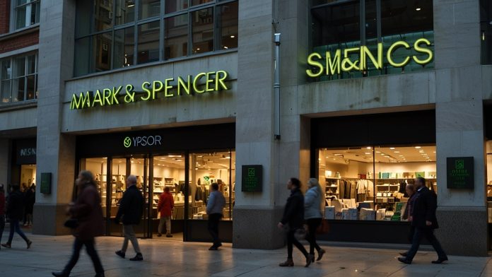 Marks and Spencer Storefront During Cyber Attack Recovery A brightly lit Marks and Spencer store with a prominent green sign, showcasing a busy shopping scene with customers entering and exiting, reflecting the retailer's recovery from a recent cyber attack.