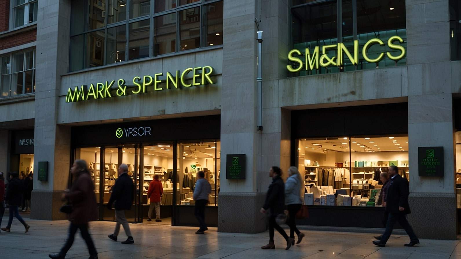 A brightly lit Marks and Spencer store with a prominent green sign, showcasing a busy shopping scene with customers entering and exiting, reflecting the retailer's recovery from a recent cyber attack.
