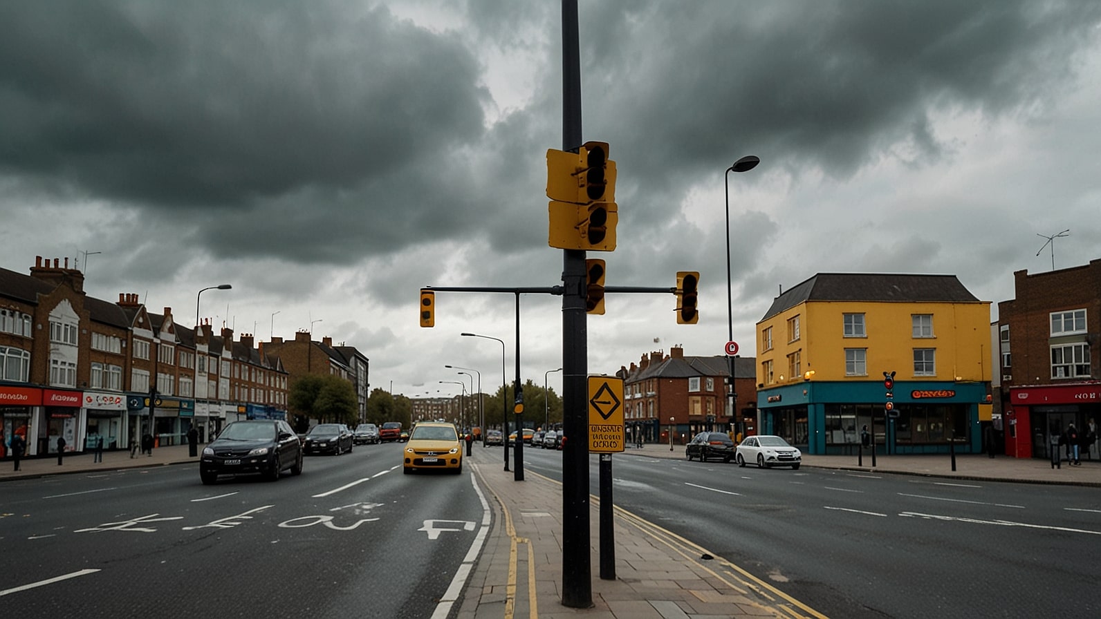 A busy urban intersection in Newham, East London, with a prominent yellow box junction marked on the road, monitored by an ANPR camera mounted on a pole under a cloudy sky.