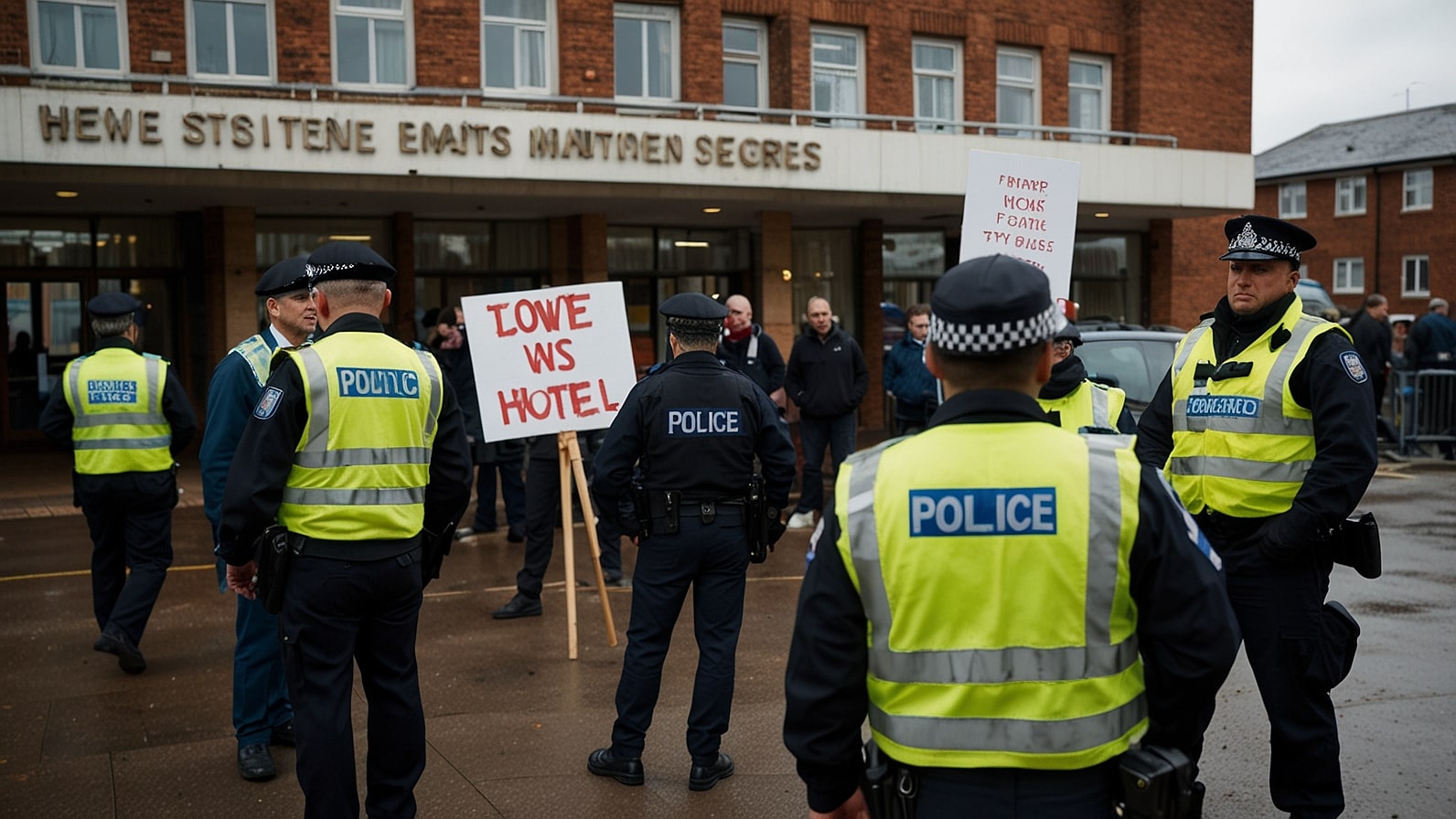 A group of protesters gathers outside a hotel used for housing asylum seekers in the UK, holding signs and banners, with police officers monitoring the scene under a cloudy sky.