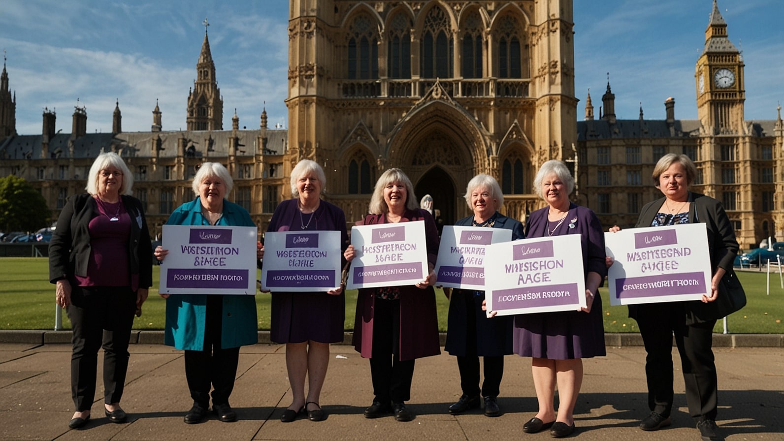 A group of women from the WASPI campaign gather outside Parliament, holding placards demanding compensation for State Pension age changes, with Westminster’s iconic buildings in the background.
