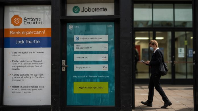 DWP Payment Speculation Sparks Hope in UK Households A person checks their bank account on a smartphone outside a Jobcentre Plus office, with a signboard in the background, symbolizing anticipation for rumored DWP £750 payments in June 2025.