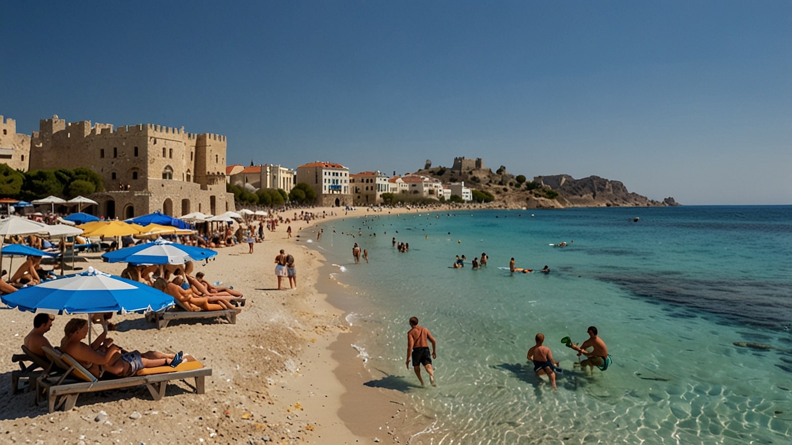 A vibrant beach scene on Rhodes, Greece, with British tourists enjoying the sunny shoreline, clear blue waters, and historic architecture in the background under a bright sky.