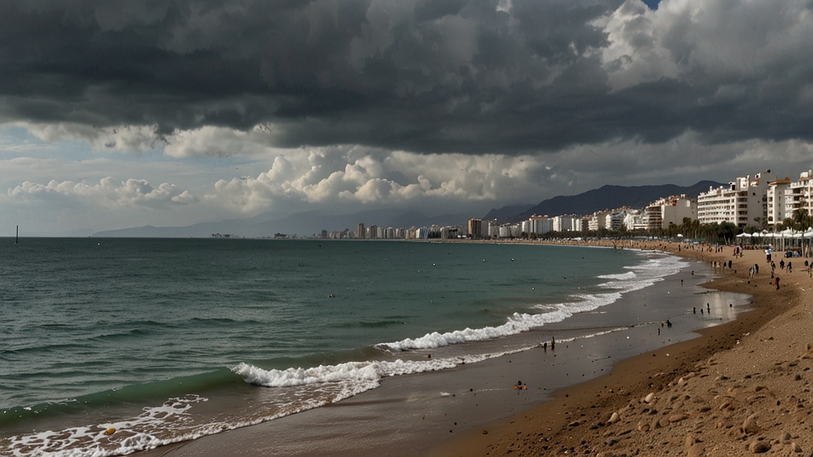 A view of La Carihuela beach in Benalmadena with murky brown water lapping at the shore, caused by a burst freshwater pipe, as concerned beachgoers stand at a distance under a cloudy sky.