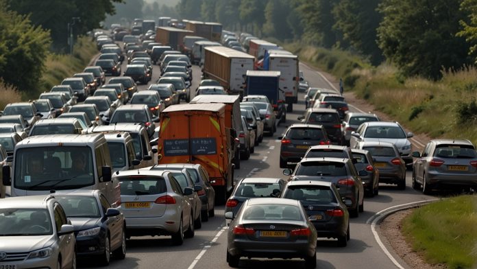 B1508 Colchester Golf Club Traffic Delays August 2025 Long queues of cars on the B1508 near Colchester Golf Club due to temporary traffic lights and roadworks