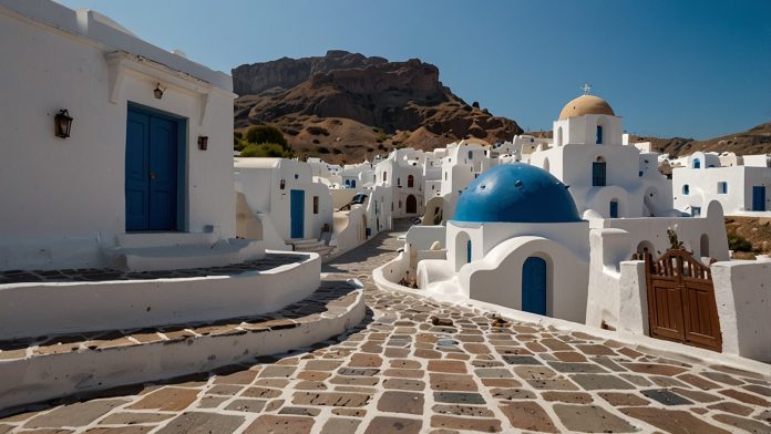 Deserted cobblestone street in Santorini with white-washed buildings and blue domes under a clear sky, highlighting the tourism decline due to recent earthquake activity.