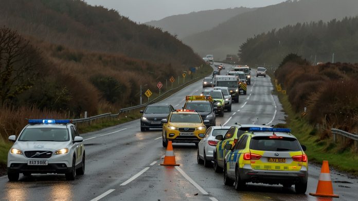 Emergency Response at A38 Cornwall Crash Site-min Emergency vehicles, including an ambulance and police cars, stationed along the A38 in Cornwall near Glynn Valley, with traffic cones and road closure signs visible under a cloudy sky.