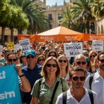 Large crowd of protesters with banners reading “Enough Mass Tourism” march through Palma, Majorca, under a sunny sky, highlighting the 2025 anti-tourism movement in Spain.