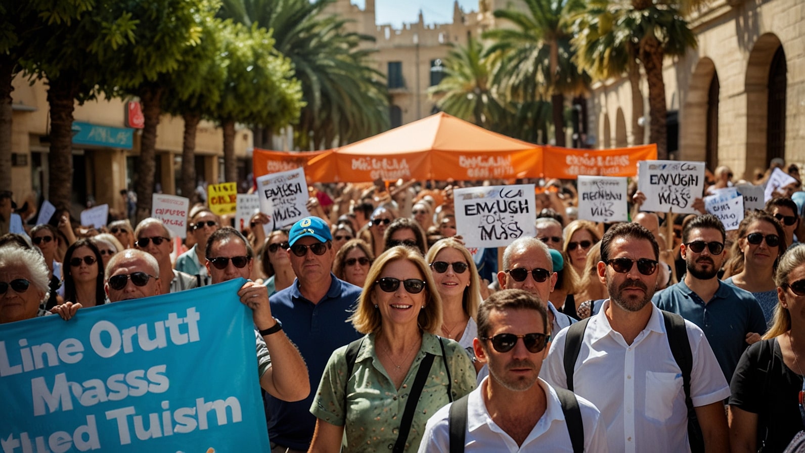 Large crowd of protesters with banners reading “Enough Mass Tourism” march through Palma, Majorca, under a sunny sky, highlighting the 2025 anti-tourism movement in Spain.