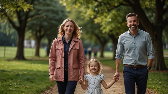UK Families Celebrate HMRC Child Benefit Increase for 2025 Smiling British family with two children walking in a park, symbolizing financial relief from the 2025 HMRC Child Benefit payment increase.