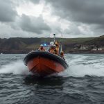 Cullercoats Bay emergency services rescue: RNLI lifeboat assisting family in distress during 04 August 2025 operation