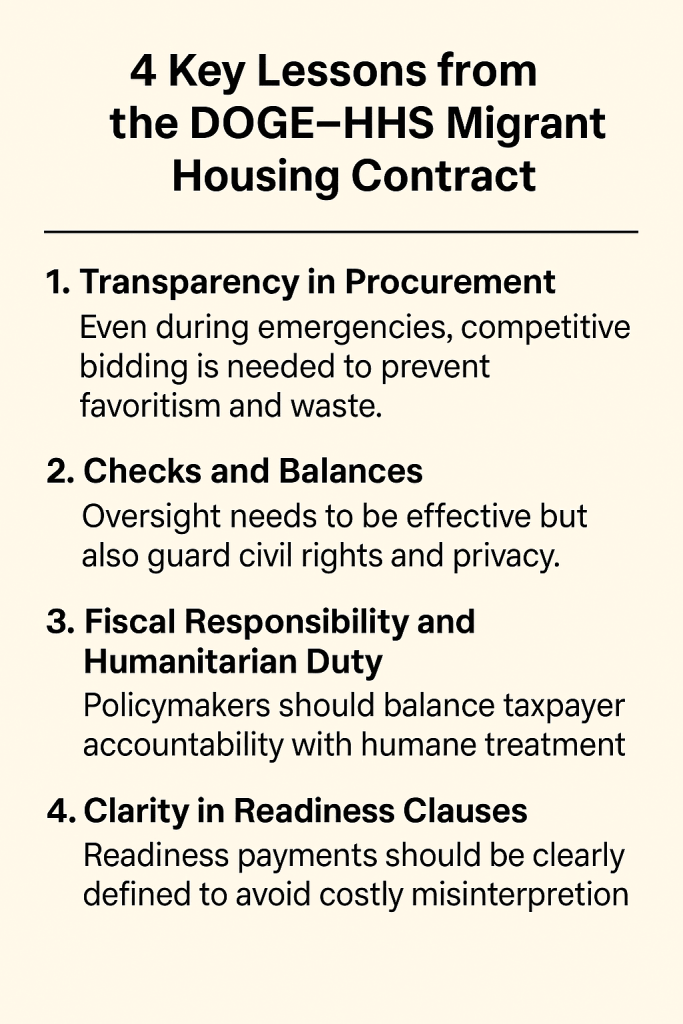 Infographic listing four policy lessons from the DOGE–HHS migrant housing contract including transparency, checks and balances, fiscal responsibility, and readiness clarity