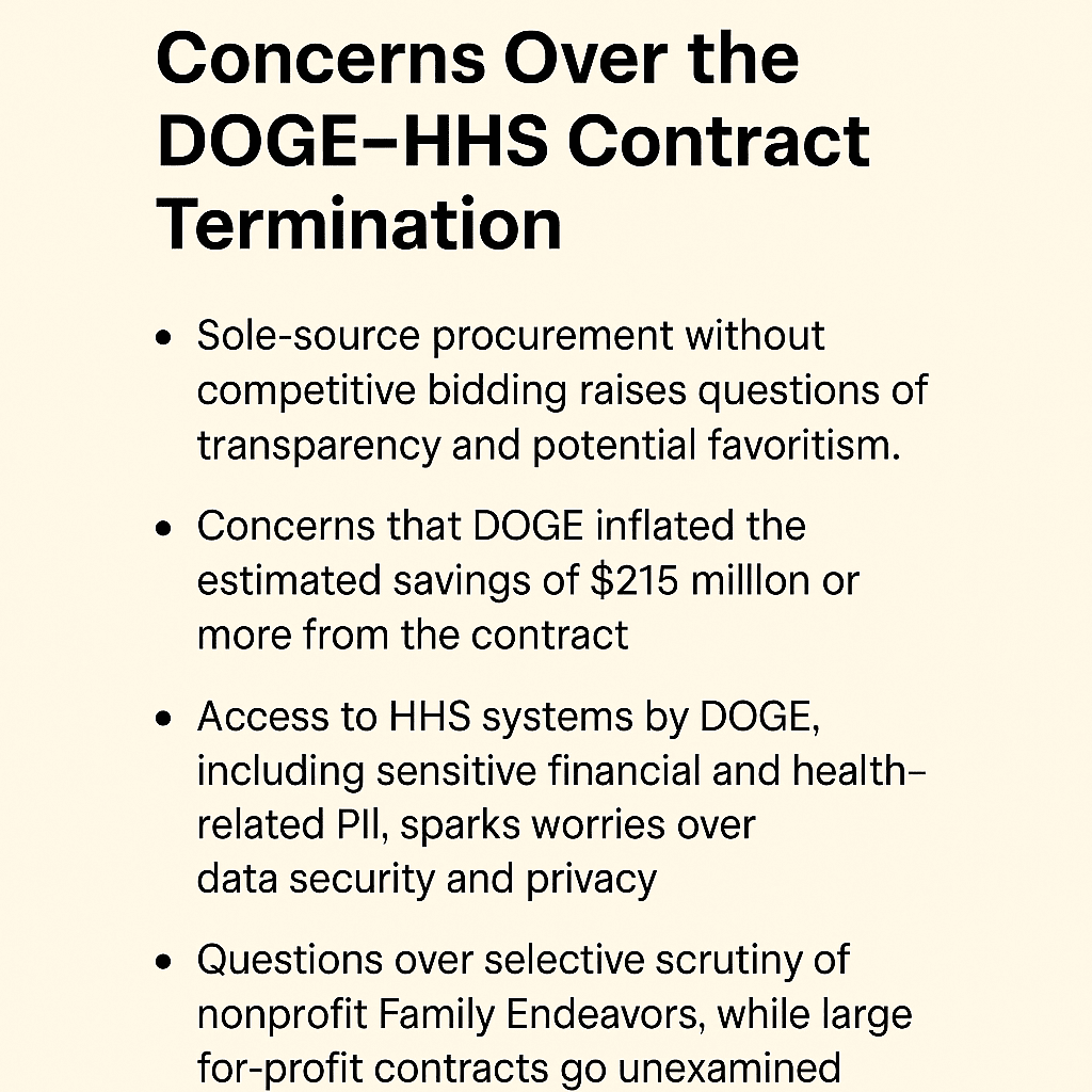Infographic highlighting concerns about the termination of the DOGE–HHS contract, including sole-source procurement, inflated savings claims, data access risks, and selective scrutiny