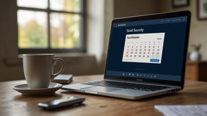 Social Security Direct Deposit Enrollment for April 2025 A senior citizen uses a laptop to enroll in Social Security direct deposit, with a calendar showing April 2025 and a bank app open, highlighting the SSA’s electronic payment transition.