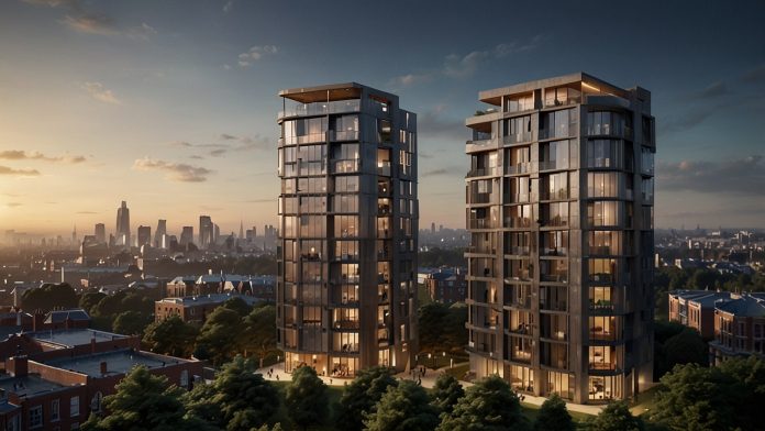 Berkeley Group Shares Climb as Profit Targets Hold Firm in UK Housing Market A modern residential development by Berkeley Group, featuring contemporary apartment buildings against a London skyline, symbolizing the company’s resilience in the UK housing market.