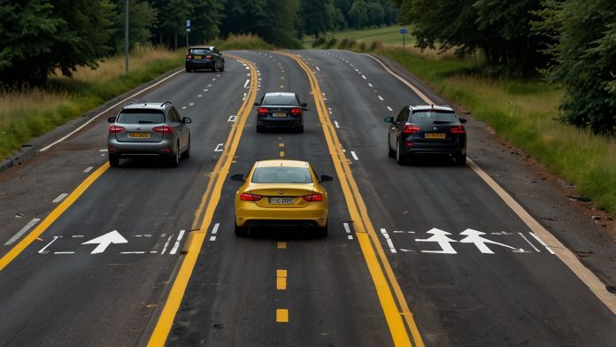 Single Yellow Line on Road Meaning - UK Parking and US Passing Rules Explained 2025-min Close-up of a single yellow line painted on an urban road curb, illustrating parking restrictions in the UK or center-line passing rules in the US, with vehicles and signage in the background for driver safety guide.