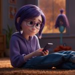 Ennui, the boredom emotion from Pixar's Inside Out 2, lounges on a couch holding a glowing smartphone in a vibrant, colorful scene from Riley’s mind headquarters.