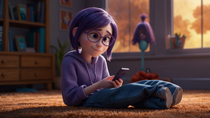 Ennui Glued to Phone in Pixar's Inside Out 2 Ennui, the boredom emotion from Pixar's Inside Out 2, lounges on a couch holding a glowing smartphone in a vibrant, colorful scene from Riley’s mind headquarters.
