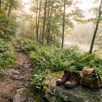 Hiking boots and a daypack on a rock beside a woodland trail