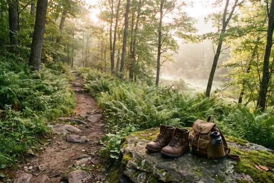 Hiking boots and a daypack on a rock beside a woodland trail