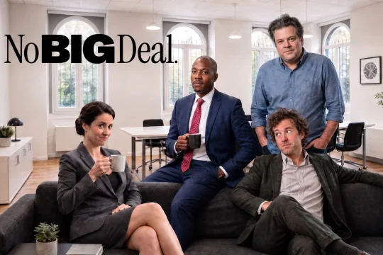 Cast of the British sitcom No Big Deal in the offices of fictional investment firm Janus