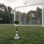 A football trophy standing on the grass in front of a goal